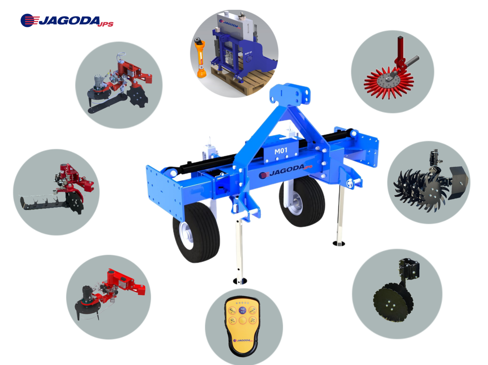 Uniwersalna rama automatycznego pielnika montowana z przodu lub z tyłu ciągnika, z hydraulicznie regulowaną szerokością oraz gumowymi kołami do regulacji wysokości.