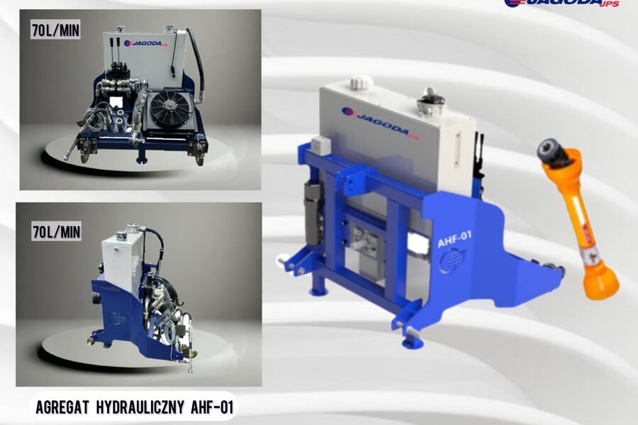 Agregat hydrauliczny AHF-01 firmy Jagoda JPS z napędem wałka WOM, widok z przodu, ukazujący szczegóły konstrukcji i kompaktową obudowę.